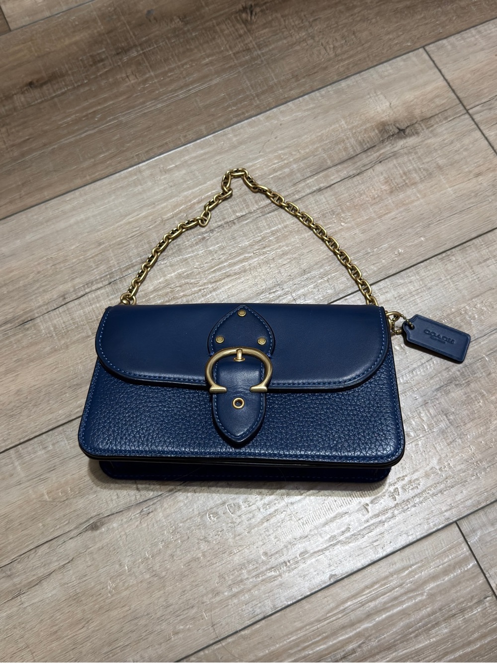 Coach Beat Shoulder Bag Cobalt Blue Pebbled Leather Brass Chain Strap